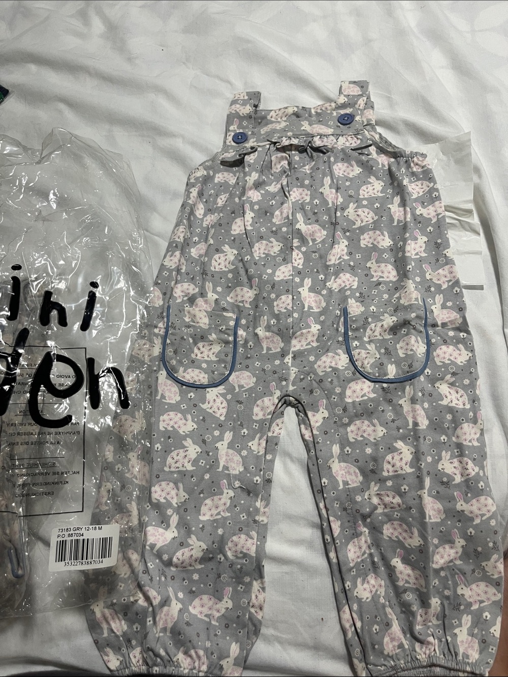 Baby Boden Gray Overalls with Pink Bunny Print